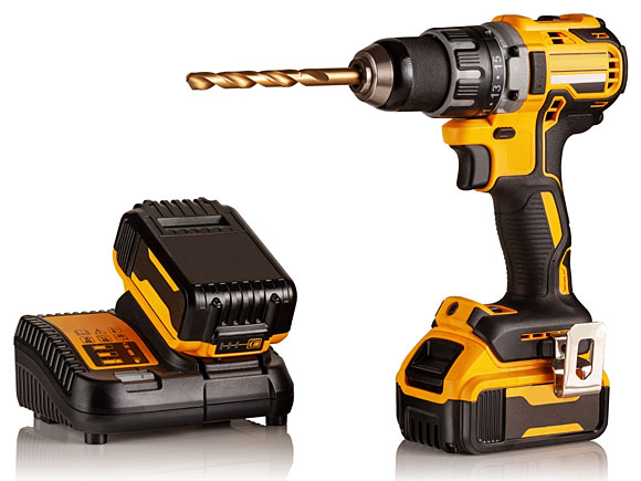 black and yellow cordless drill with battery charger and spare battery