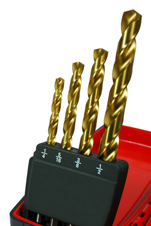 four drill bits, ranging from one-quarter inch to one-half inch diameter